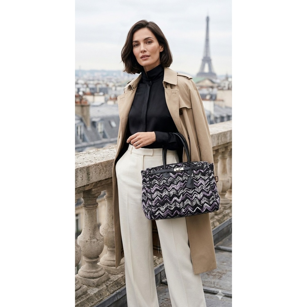 Chevron Knit Tote Bag Black Purple White Satchel with Padlock Detail
